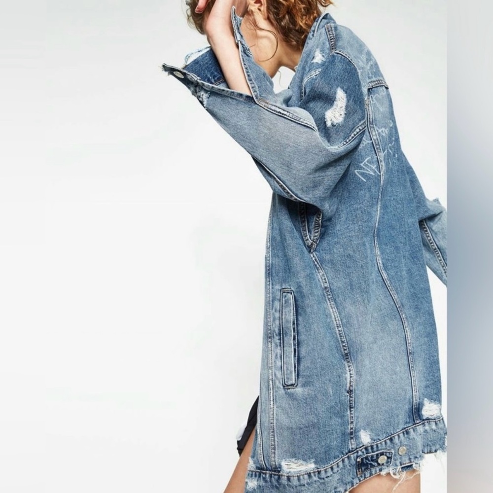 Zara Distressed Long Denim Jacket . Size medium